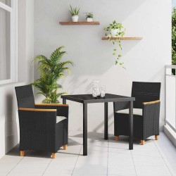 Ensemble de salle à manger de jardin 3 pièces avec coussins en poly rotin noir. 