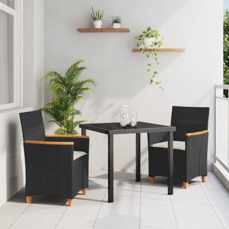 Ensemble de salle à manger de jardin 3 pièces avec coussins en poly rotin noir. 