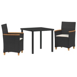 Ensemble de salle à manger de jardin 3 pièces avec coussins en poly rotin noir. 