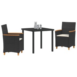 Ensemble de salle à manger de jardin 3 pièces avec coussins en poly rotin noir. 