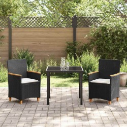 Ensemble de salle à manger de jardin 3 pièces avec coussins en poly rotin noir. 