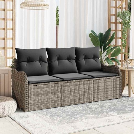 Ensemble de Canapé de Jardin 3 Pièces avec Coussins Gris Poly Rattan 