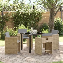 Ensemble de salle à manger de jardin 5 pièces avec coussins Beige Poly Rattan 