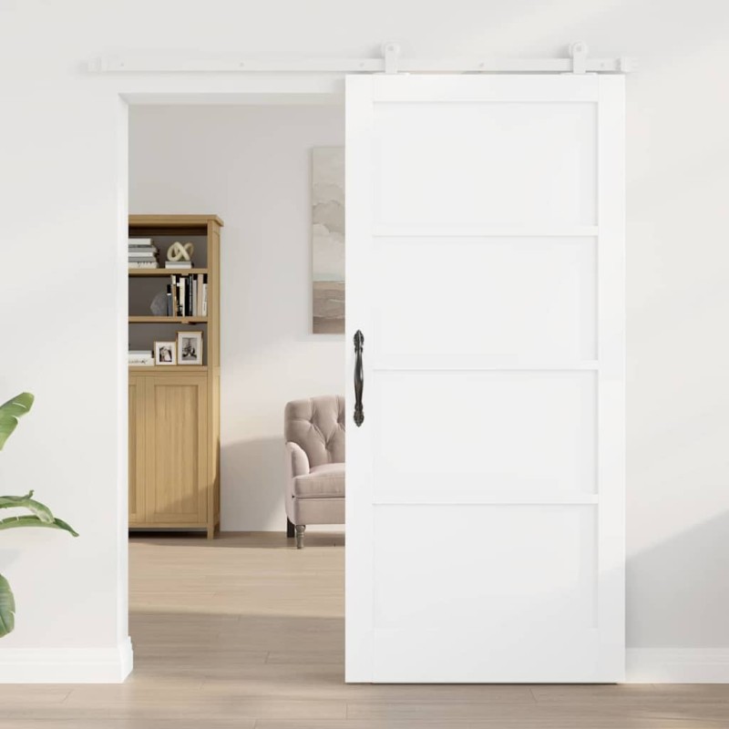 Porte Coulissante avec Ensemble de Quincaillerie Blanche 93x202 cm Bois Massif Pin 