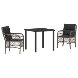 Set de salle à manger de jardin 3 pièces avec coussins gris en rotin synthétique. 