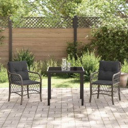 Set de salle à manger de jardin 3 pièces avec coussins gris en rotin synthétique. 
