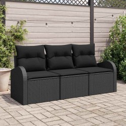 Ensemble de 3 canapés de jardin avec coussins noirs en poly rotin 