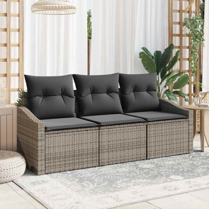 Ensemble de jardin 3 pièces avec coussins gris en rotin synthétique. 