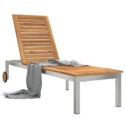 Chaise longue avec roues 207x58x35 cm en bois d'acacia et acier inoxydable 