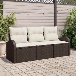 Ensemble de canapés de jardin 3 pièces avec coussins marron poly rotin 