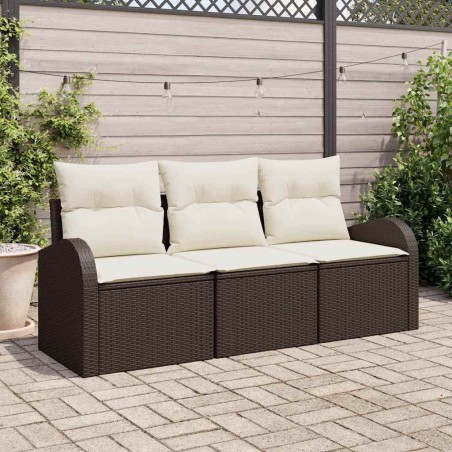 Ensemble de canapés de jardin 3 pièces avec coussins marron poly rotin 