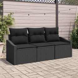 Ensemble de jardin 3 pièces avec coussins en poly rotin noir. 