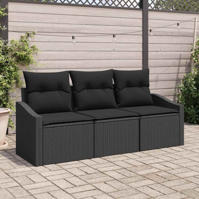 Ensemble de jardin 3 pièces avec coussins en poly rotin noir. 