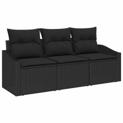 Ensemble de jardin 3 pièces avec coussins en poly rotin noir. 