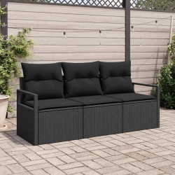Set de canapé de jardin 3 pièces en poly rotin noir avec coussins 