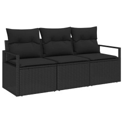 Set de canapé de jardin 3 pièces en poly rotin noir avec coussins 
