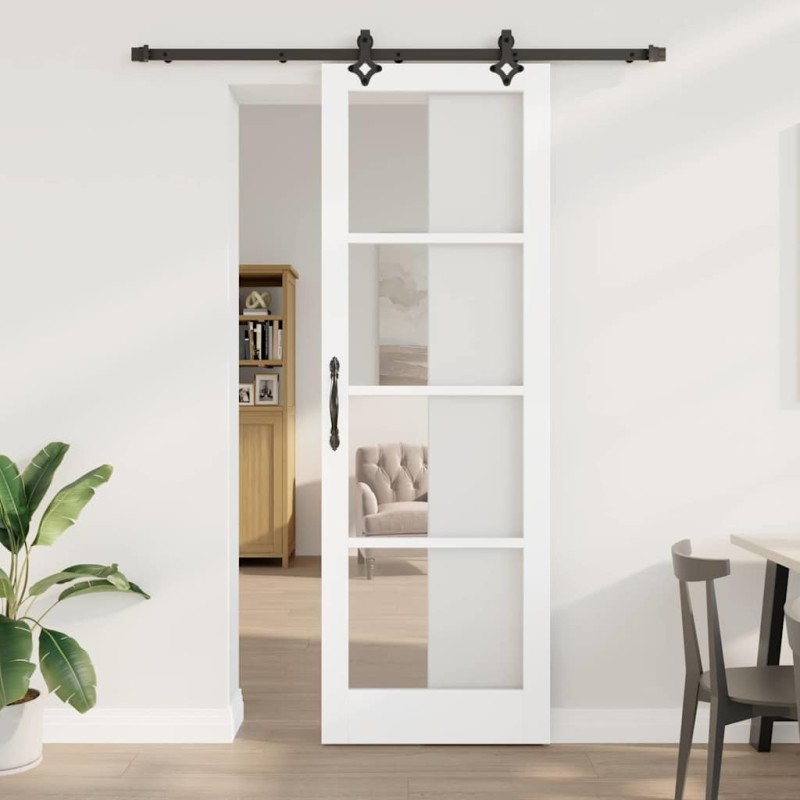 Porte Coulissante avec Quincaillerie "ORKDAL" Blanc en Bois Massif & Verre 