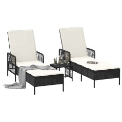 Set de chaises longues 3 pièces Noir et crème Ratan PE, métal 
