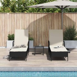 Set de chaises longues 3 pièces Noir et crème Ratan PE, métal 