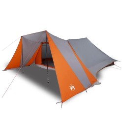 Tente familiale avec un grand auvent, grise et orange, pour 12 personnes, imperméable. 