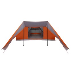Tente familiale avec un grand auvent, grise et orange, pour 12 personnes, imperméable. 