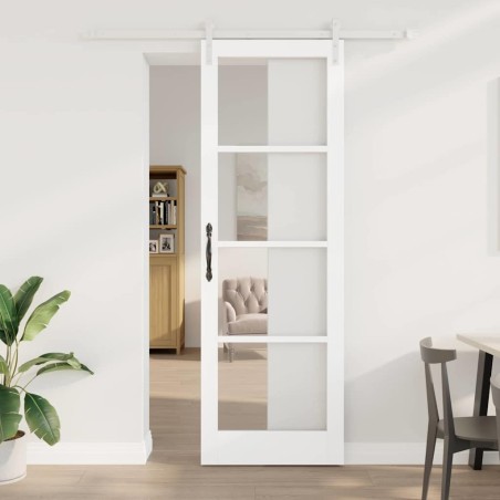Porte Coulissante avec Kit Quincaillerie 'ORKDAL'Bois Massif & Verre Blanche 