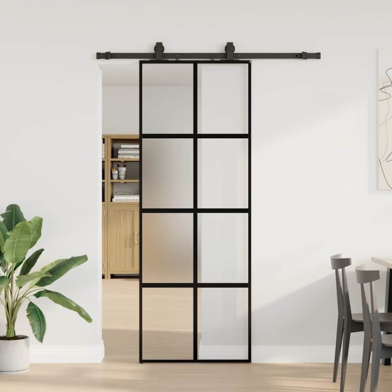 Porte coulissante kit quincaillerie noir 76x205 cm verre trempé 