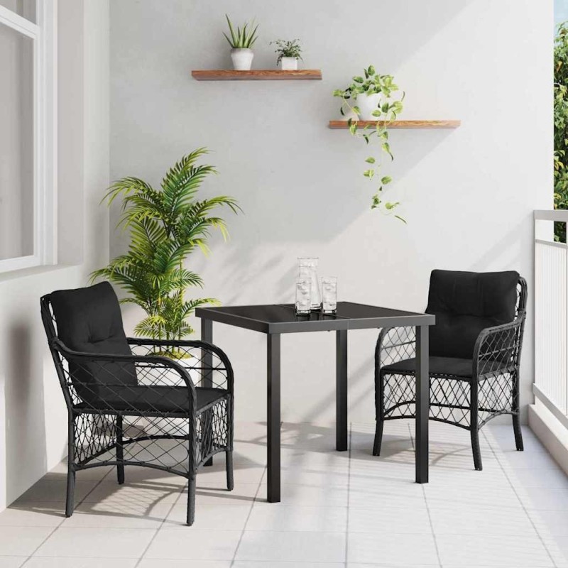 Ensemble de jardin 3 pièces avec coussins en poly rotin noir 