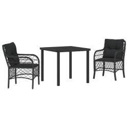Ensemble de jardin 3 pièces avec coussins en poly rotin noir 