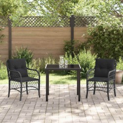 Ensemble de jardin 3 pièces avec coussins en poly rotin noir 