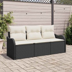 Ensemble de Canapé de Jardin 3 pièces avec Coussins Noir Rattan Poly 