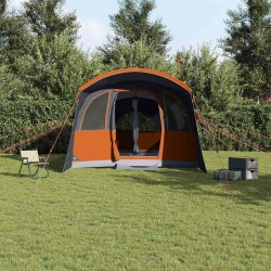 Tente de famille avec des fenêtres et un tunnel gris et orange, pour 8 personnes, imperméable. 
