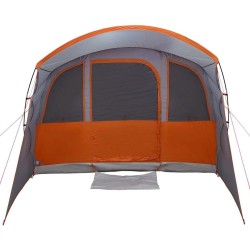 Tente de famille avec des fenêtres et un tunnel gris et orange, pour 8 personnes, imperméable. 