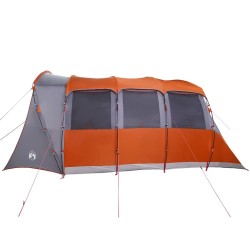 Tente de famille avec des fenêtres et un tunnel gris et orange, pour 8 personnes, imperméable. 