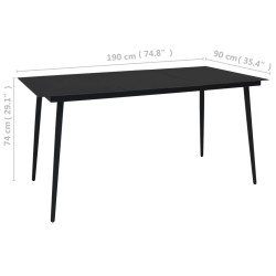 Table à dîner de jardin Noir 190x90x74 cm Acier et verre 