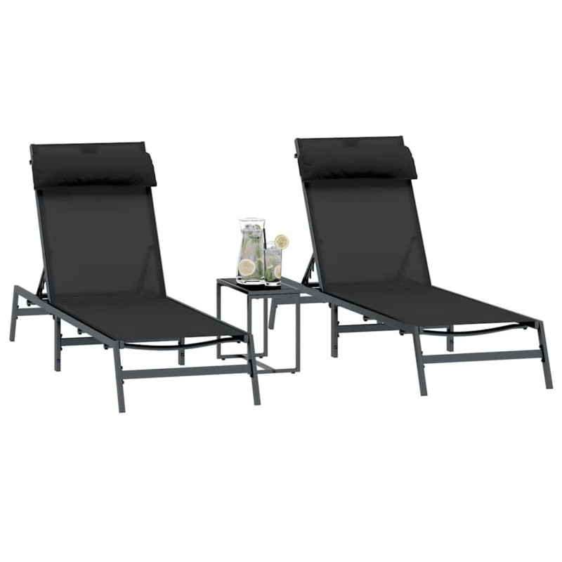 Chaises Longues Pliantes Noire Cadre en métal, tissu textilène 