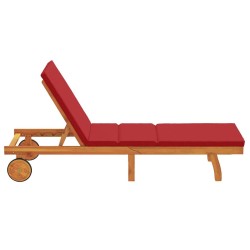 Chaise longue avec des roulettes et un coussin rouge en bois massif 