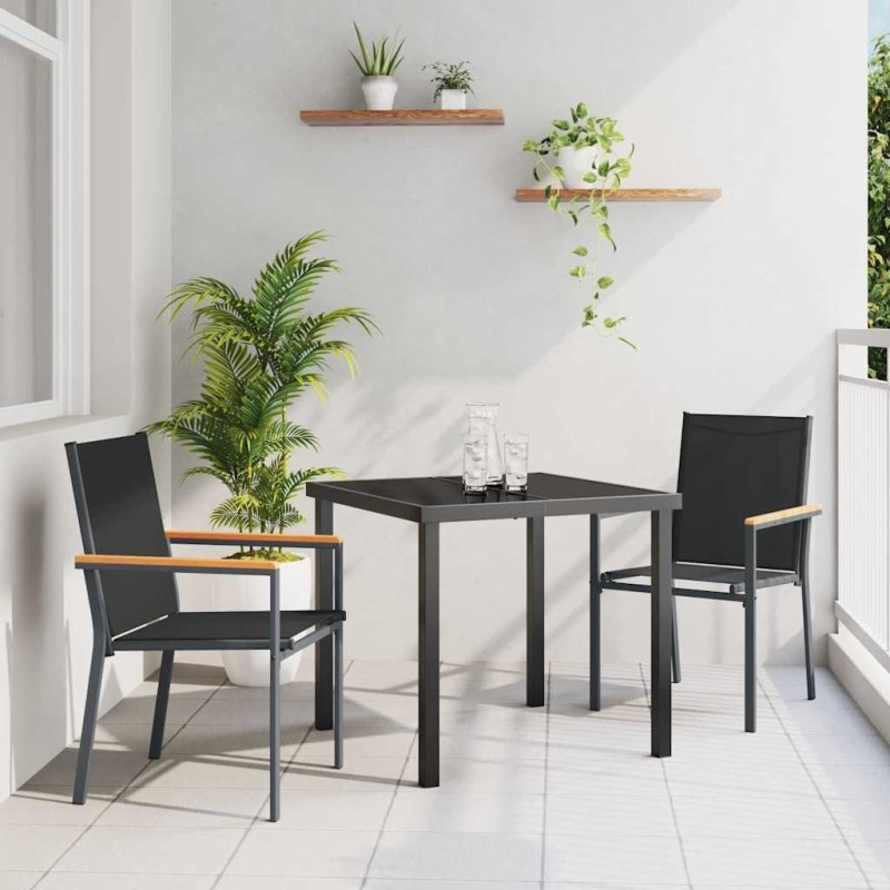 Ensemble de salle à manger de jardin 3 pièces Noir en textilène et acier. 