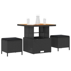 Ensemble de salle à manger de jardin 3 pièces avec coussins en poly rotin noir et acacia 