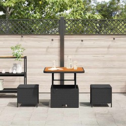 Ensemble de salle à manger de jardin 3 pièces avec coussins en poly rotin noir et acacia 