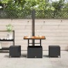 Ensemble de salle à manger de jardin 3 pièces avec coussins en poly rotin noir et acacia 