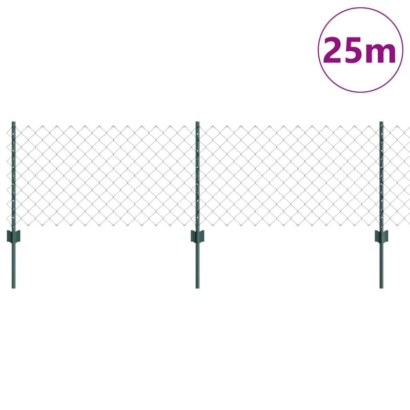 Clôture en mailles de chaîne avec 22 poteaux U Verte 0.6x25 m Acier 