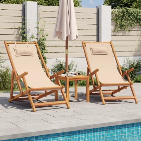 Chaises de plage pliantes lot de 2 beige tissu et bois massif 