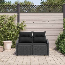 Canapé de jardin 2 places avec coussins en poly rotin noir 