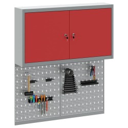Ensemble de meuble à outils et de panneau perforé en métal rouge, 3 pièces 