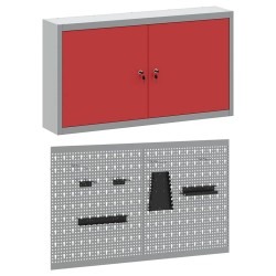 Ensemble de meuble à outils et de panneau perforé en métal rouge, 3 pièces 