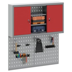 Ensemble de cabinet à outils et tableau perforé 3 pièces monté au mur en métal rouge 