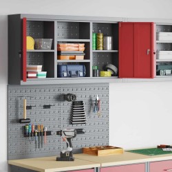 Ensemble de cabinet à outils et tableau perforé 3 pièces monté au mur en métal rouge 