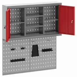 Ensemble de cabinet à outils et tableau perforé 3 pièces monté au mur en métal rouge 