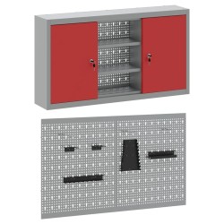 Ensemble de cabinet à outils et tableau perforé 3 pièces monté au mur en métal rouge 